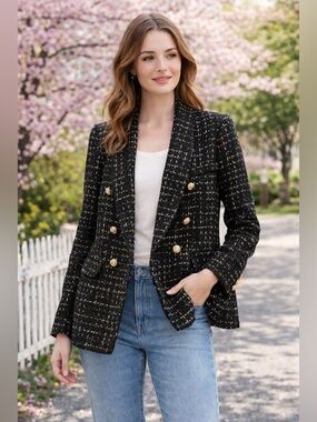 NWOT Aqua Bouclé Blazer Black Gold Silver Tweed Jacket Double Breasted Size L